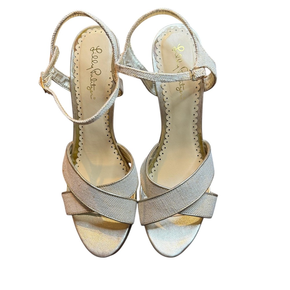 Lilly Pulitzer Shoes Womens Size 9.5 Gold Wedge Strappy Sandals‎ Ankle Strap